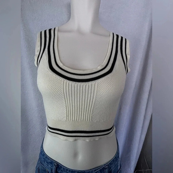 Shein Mod Cropped Knit Tank Top Sleeveless Striped Trim Cream Black L - Picture 4 of 4